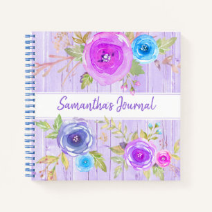 Purple floral watercolor rustic wood custom square notebook