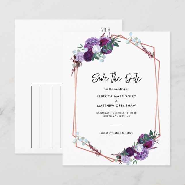Purple Floral Watercolor Save the Date Postcard (Front/Back)