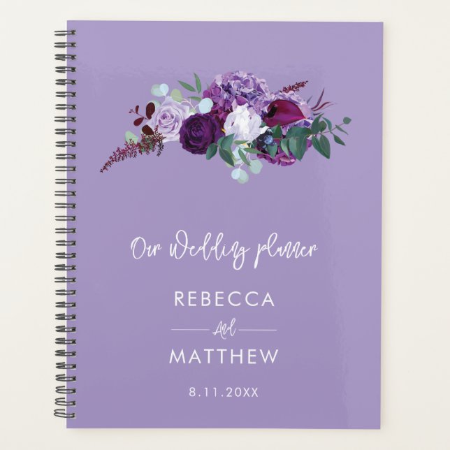 Purple Floral Watercolor Script Wedding Couples Planner (Front)