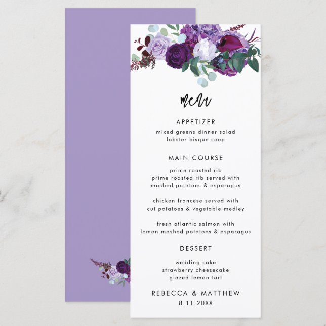 Purple Floral Watercolor Script Wedding Dinner Menu (Front/Back)