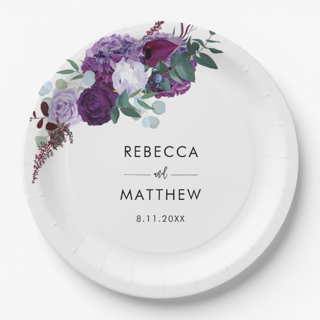 Purple Floral Watercolor Script Wedding Reception Paper Plate (Front)