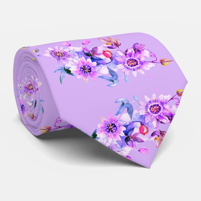Purple Floral Watercolor  Tie (Rolled)