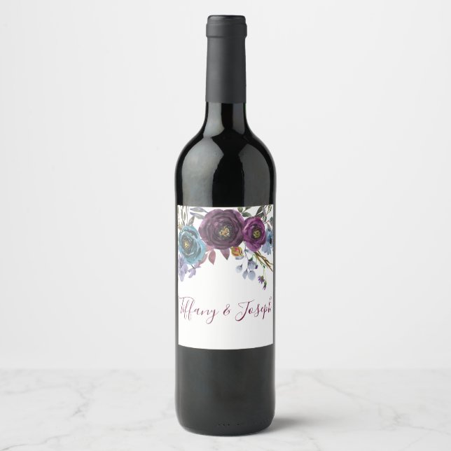 Purple Floral Watercolor Wedding Engagement Party Wine Label (Front)