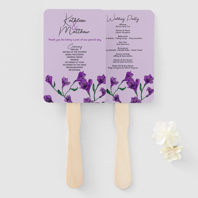 Purple Floral Watercolor Wedding Hand Fan (Front and Back)