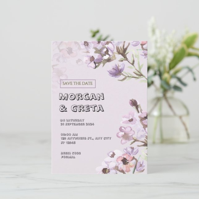 Purple Floral Watercolor Wedding Invitation (Standing Front)