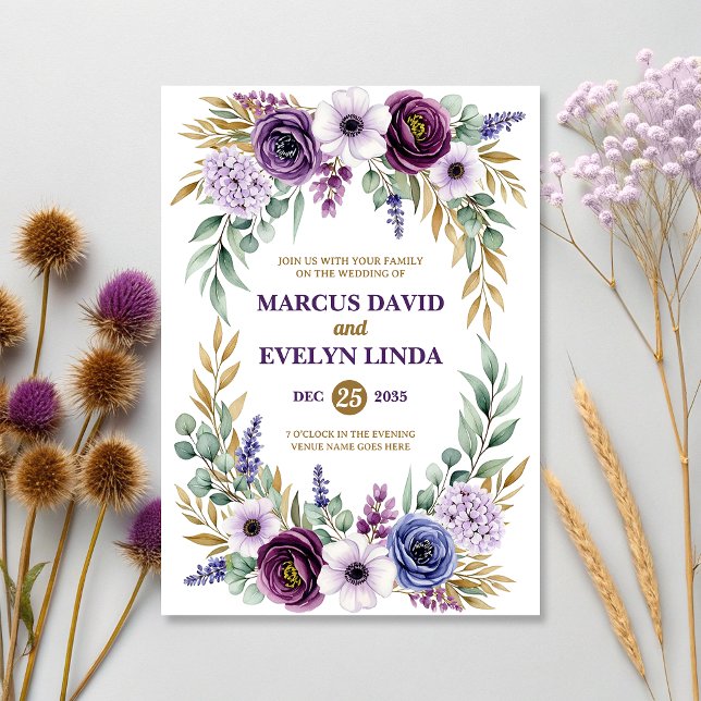 Purple Floral Watercolor Wedding Invitation Card (Creator Uploaded)