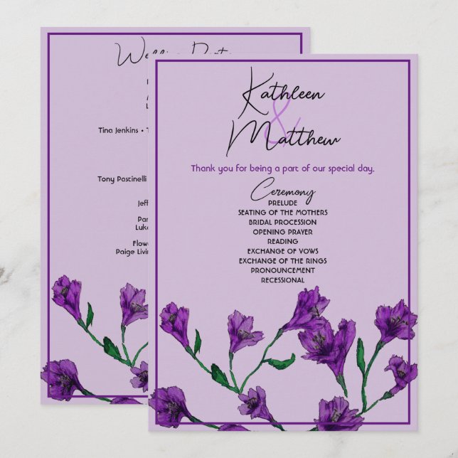Purple Floral Watercolor Wedding Programme (Front/Back)