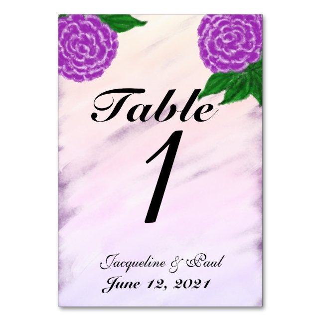 Purple Floral Watercolor Wedding Table No. Cards (Front)