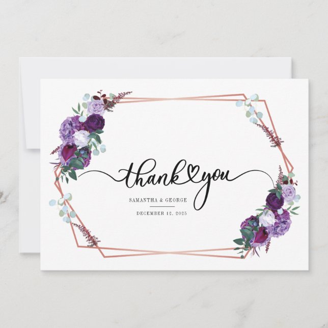 Purple Floral Watercolor Wedding Thank You Card (Front)
