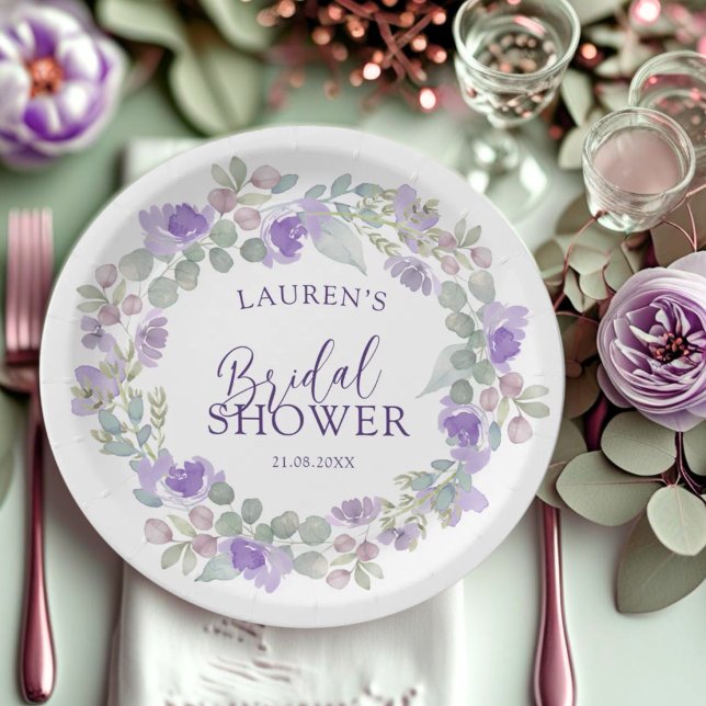 Purple Floral Watercolor Wreath Bridal Shower Paper Plate (Creator Uploaded)