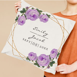 Purple Floral Wed Elegant Gold Glitter Geometric Cushion