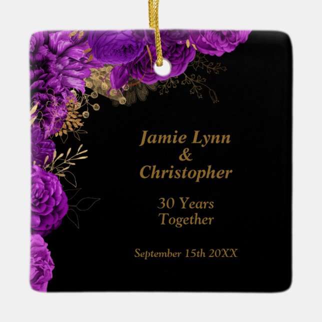 Purple Floral Wedding Anniversary Ceramic Ornament (Front)