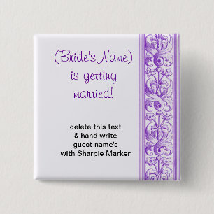 Purple Floral Wedding Bridal Shower Name Pins