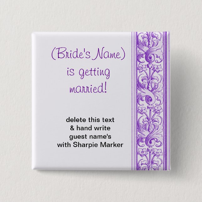 Purple Floral Wedding Bridal Shower Name Pins (Front)