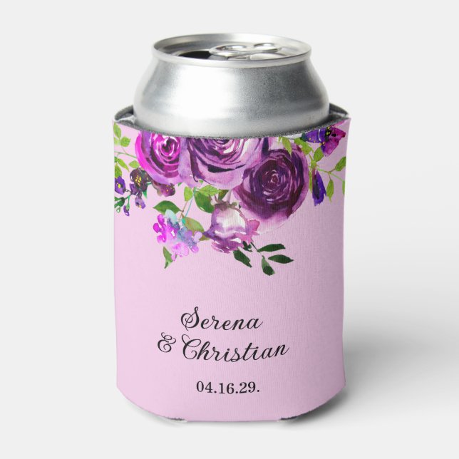 Purple Floral Wedding Can Cooler (Can Front)