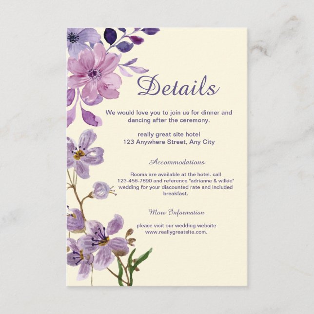 Purple Floral Wedding Details Enclosure Card (Front)