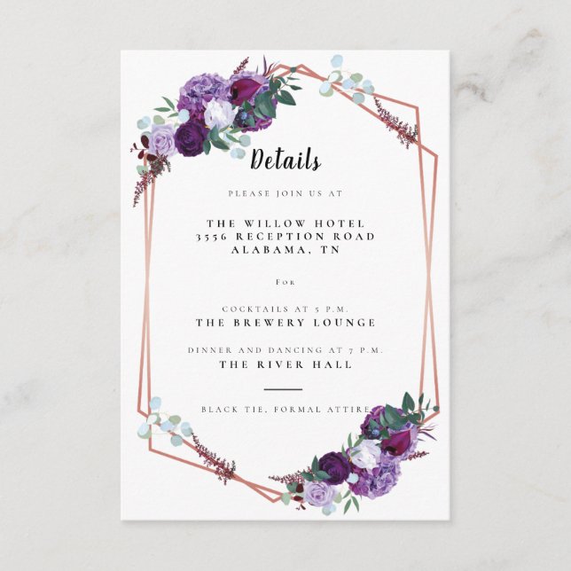 Purple Floral Wedding Details Enclosure Card (Front)