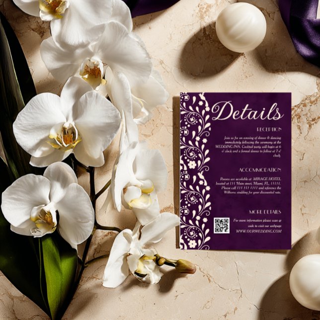 Purple Floral Wedding Details QR code Enclosure Card (Creator Uploaded)