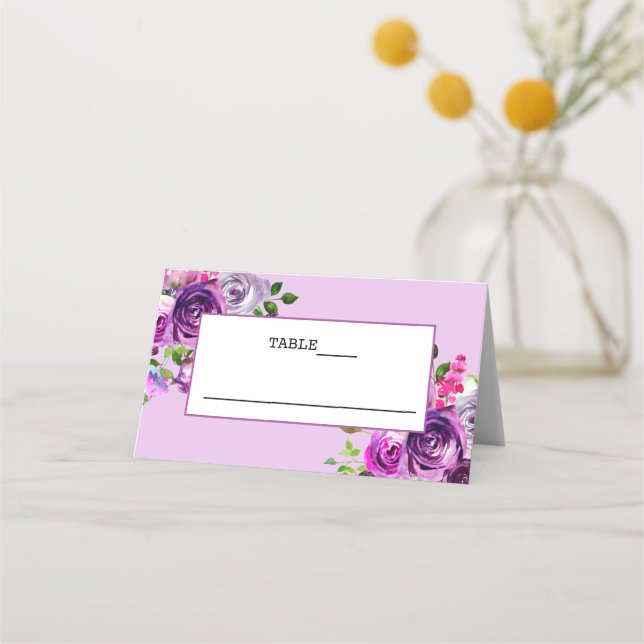 Purple Floral Wedding Folded Place card (Front)