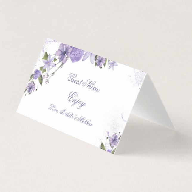 Purple Floral Wedding Folded Placement Card (Front)