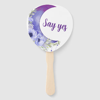 Purple Floral Wedding Hand Fan – "Say Yes" Paddle 
