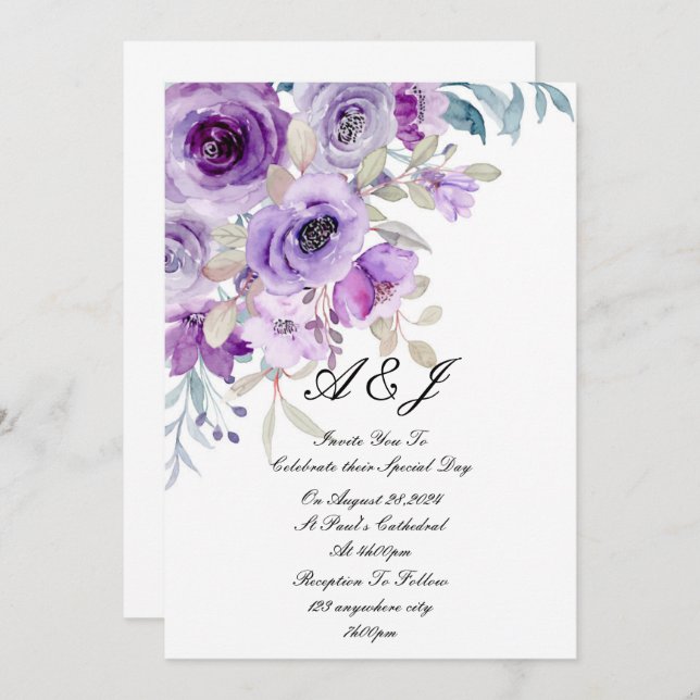  purple floral wedding invitation (Front/Back)