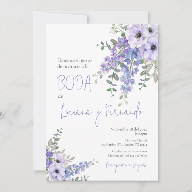 Purple Floral wedding invitation in Spanish (Front)