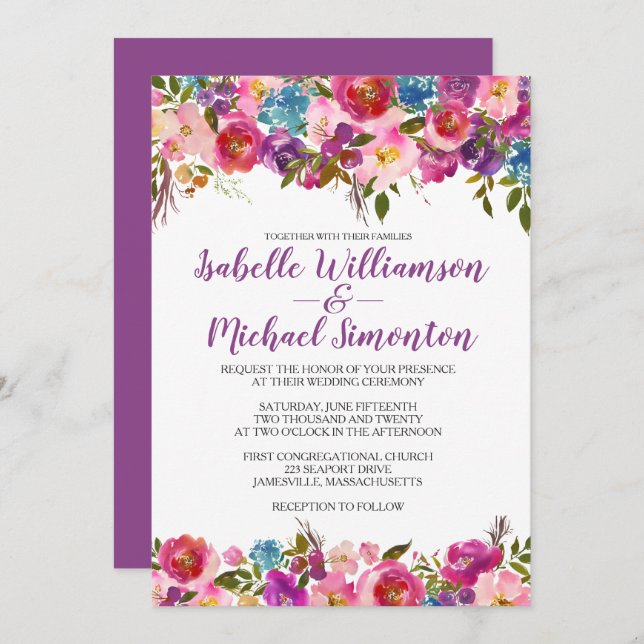 Purple Floral Wedding Invitation Template (Front/Back)