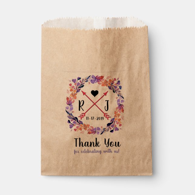 Purple Floral Wedding Monogram Wreath Design Favour Bags (Front)