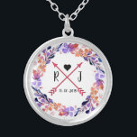 Purple Floral Wedding Monogram Wreath Silver Plated Necklace<br><div class="desc">Purple Floral Wedding Monogram Wreath Design 

Makes nice gift for Bride,  and mothers.  Also,  Bridesmaids and Flower Girl to wear during wedding.</div>