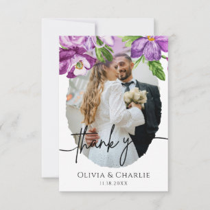 Purple Floral Wedding Photo Thank You Card