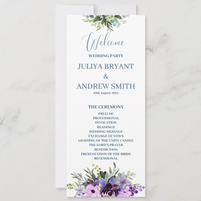 Purple Floral Wedding  Program card (Front)