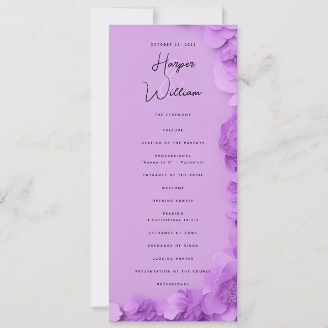purple floral wedding program invitation (Front)