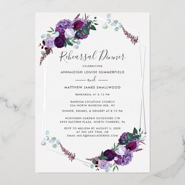Purple Floral Wedding Rehearsal Dinner Silver (Front)