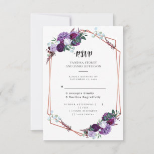 Purple Floral Wedding Rose Gold Frame RSVP Card