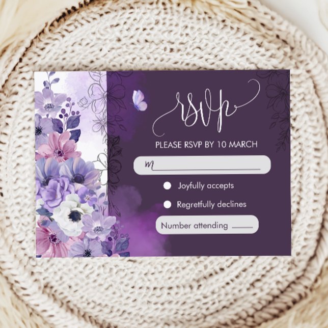 Purple Floral Wedding RSVP Card (Creator Uploaded)
