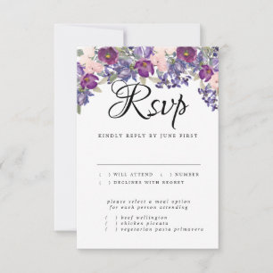 Purple Floral Wedding RSVP Card with Meal Choice