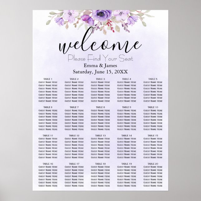 Purple Floral Wedding Seating Chart (Front)