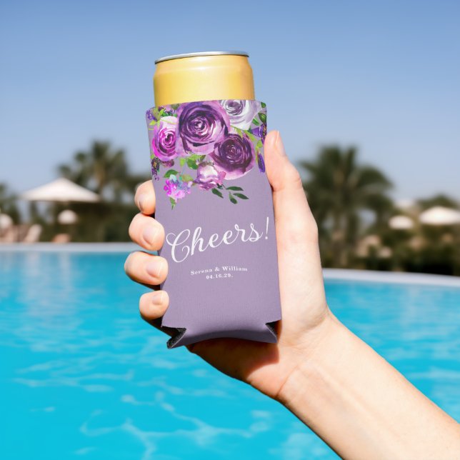 Purple Floral Wedding Seltzer Can Cooler (In Situ Pool)