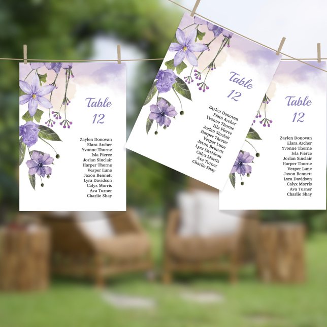 Purple Floral Wedding Table Seating Chart Card (Creator Uploaded)