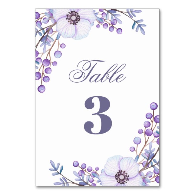 Purple floral wedding. Watercolor lilac flowers Table Number (Front)