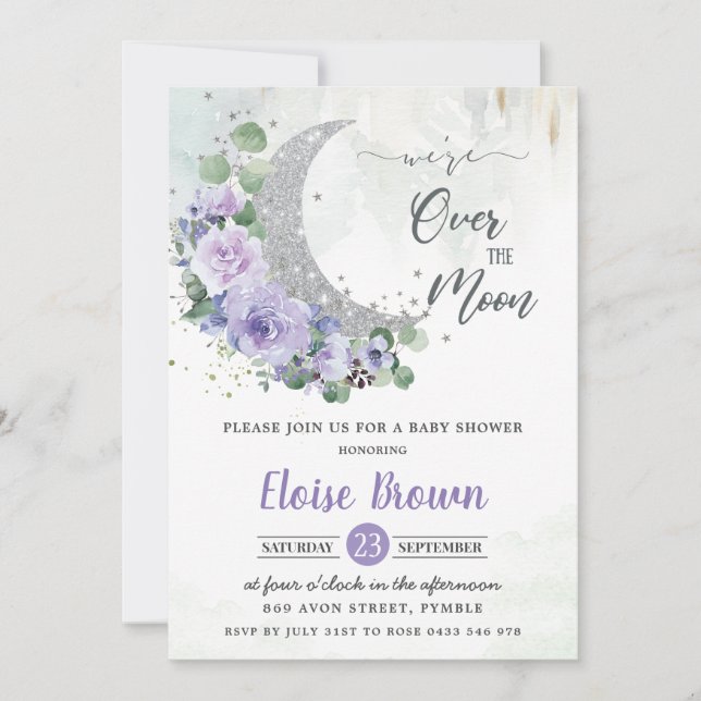 Purple Floral We're Over the Moon Girl Baby Shower Invitation (Front)