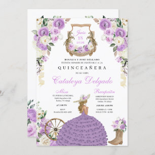 Purple Floral Western Mariachi Charro Quinceañera Invitation