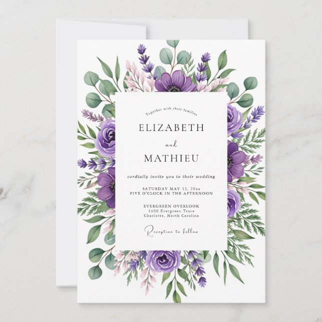 Purple Floral Whimsical Wedding Invitation (Front)