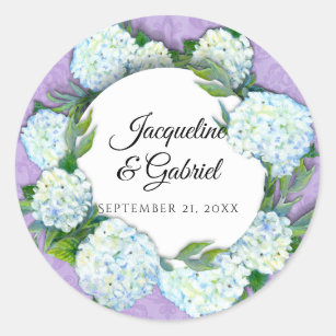Purple Floral White Hydrangea Leaf Damask Wedding Classic Round Sticker