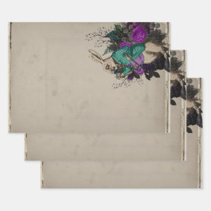 Purple Floral White Rabbit Alice in Wonderland Wrapping Paper Sheet