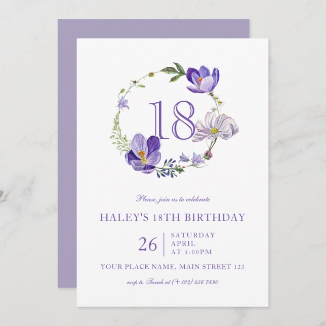 Purple Floral Wildflower Elegant 18th Birthday Invitation (Front/Back)