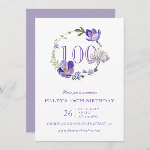 Purple Floral Wildflower Vintage 100TH Birthday Invitation