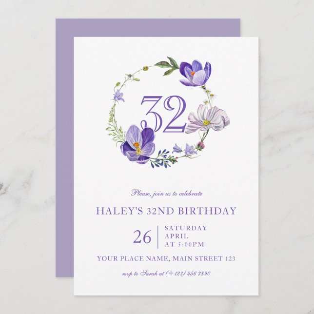 Purple Floral Wildflower Vintage 32ND Birthday Invitation (Front/Back)