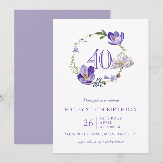 Purple Floral Wildflower Vintage 40TH Birthday Invitation (Front/Back)